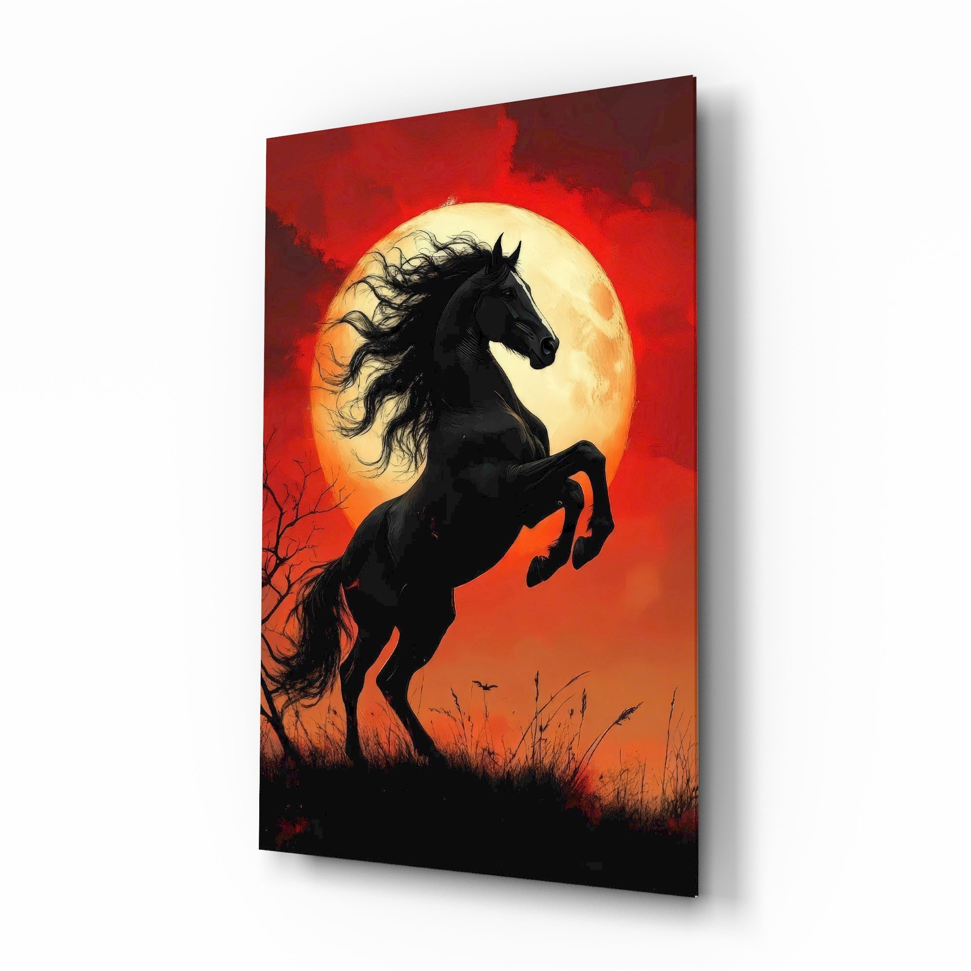 Rearing Black Horse Red Moon Glass Wall Art