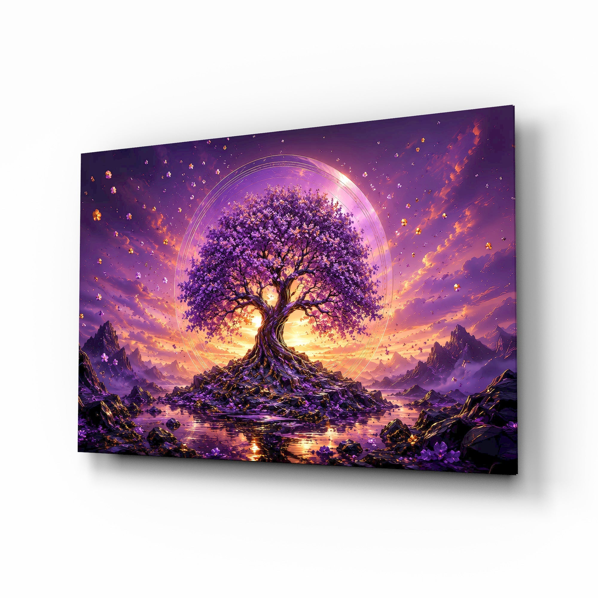 Purple Tree of Life Glowing Sunset Glass Wall Art