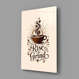 Steaming Coffee Cup Sunburst Typography Glass Wall Art