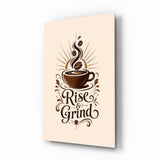 Steaming Coffee Cup Sunburst Typography Glass Wall Art