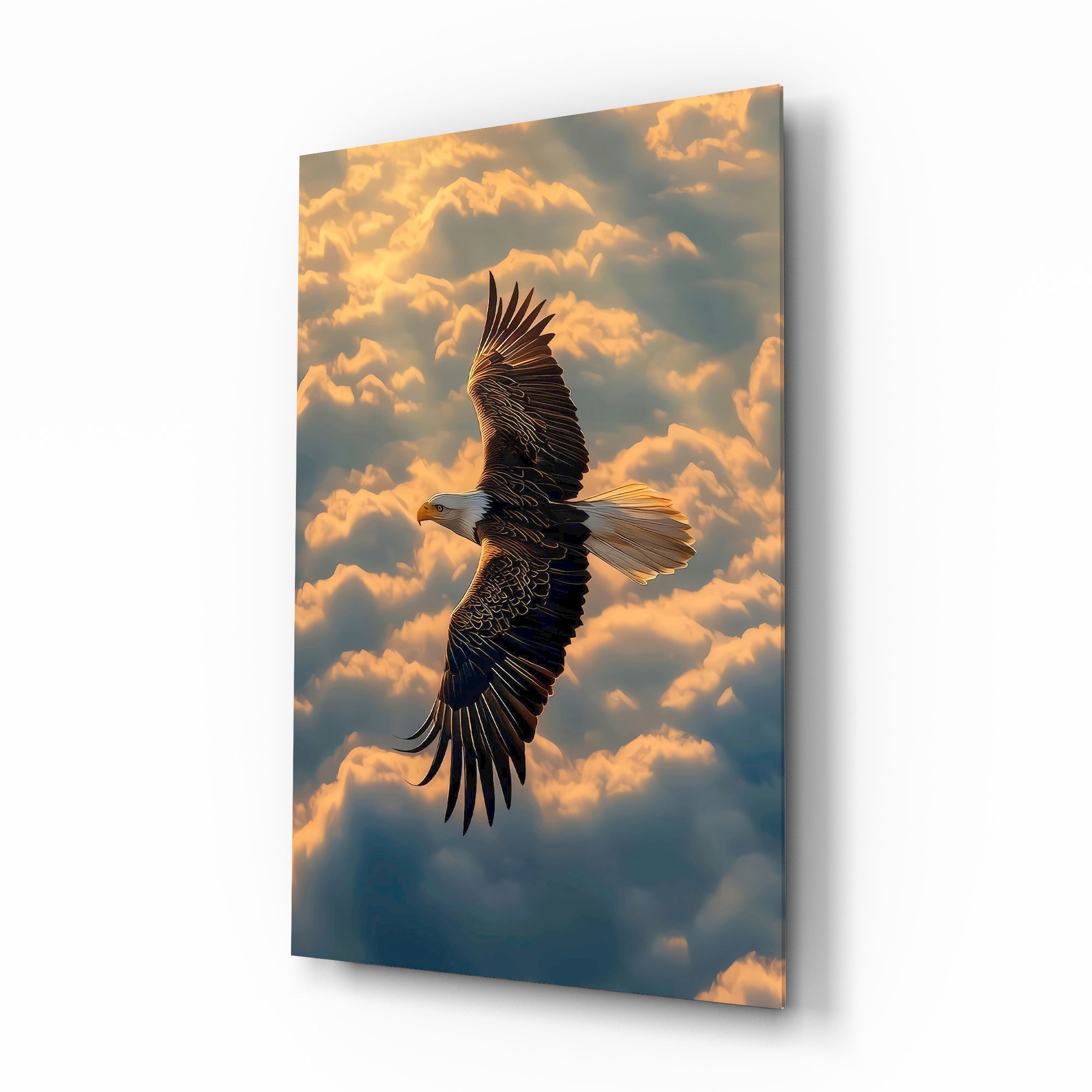 Bald Eagle Above Golden Clouds Glass Wall Art