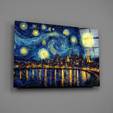 Swirling Starry Night City Skyline Glass Wall Art