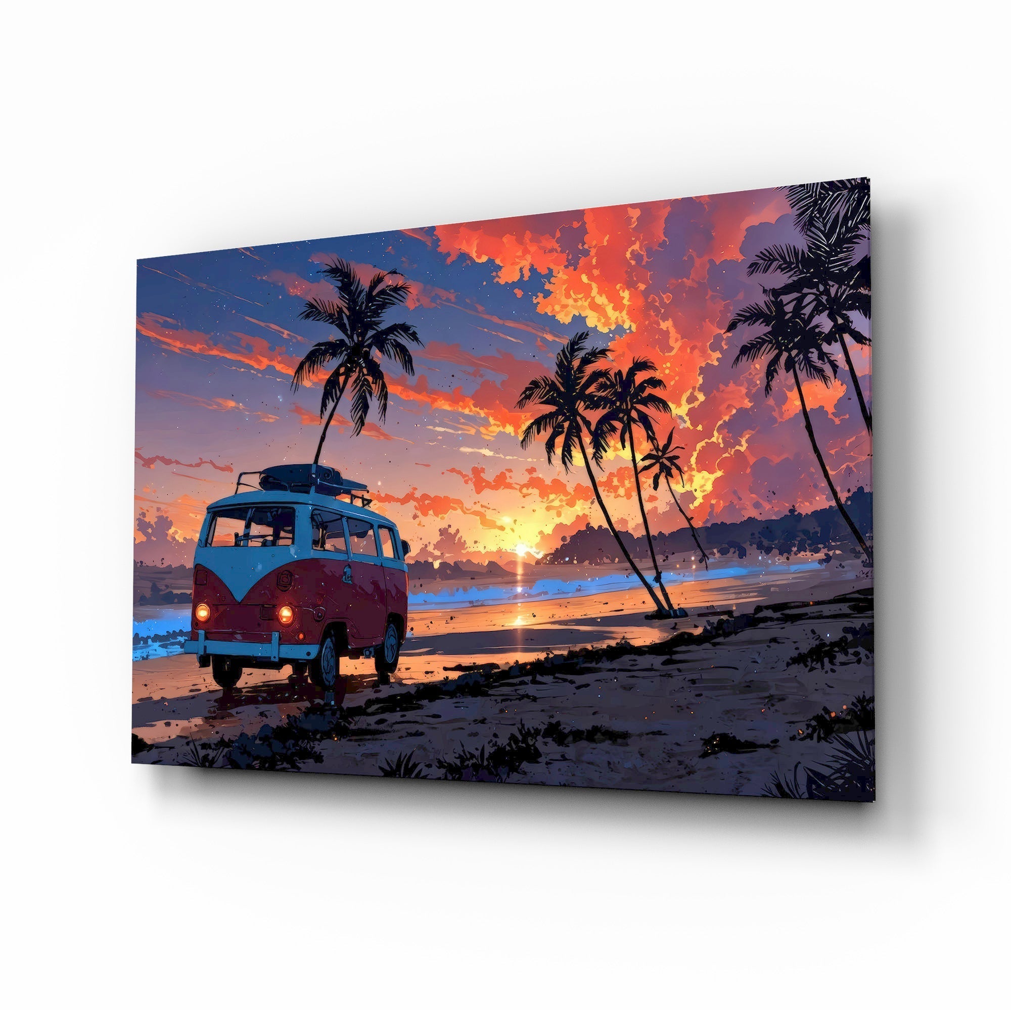Retro Camper Van Beach Sunset Glass Wall Art