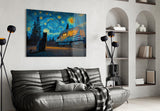 Starry Night Camper Van and Cat Glass Wall Art