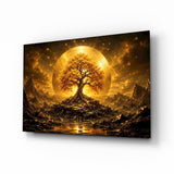 Golden Tree of Life Sun Disc Glass Wall Art