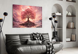 Pink Cherry Blossom Tree Sunset Glass Wall Art