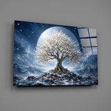 White Blossom Tree Full Moon Glass Wall Art