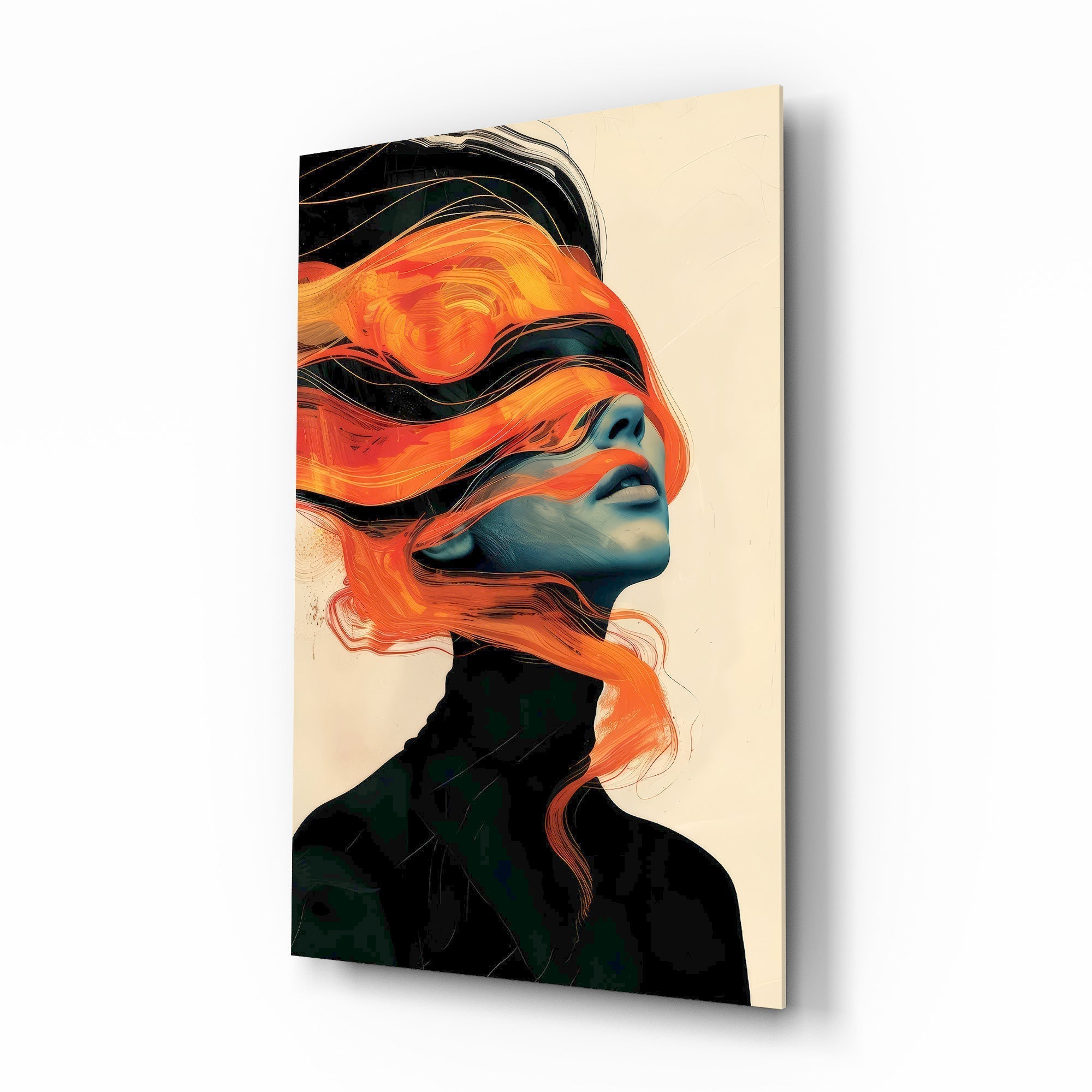 Orange Hair Veil Blue Portrait Glass Wall Art