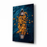Sunflower Rowboat on Deep Blue Water Glass Wall Art