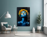 Blue Woman with Sunflower Crown Glass Wall Art