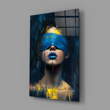 Blue Blindfold Dripping Portrait Glass Wall Art