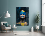 Blue Blindfold Dripping Portrait Glass Wall Art