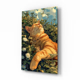 Ginger Cat Lounging in Wildflowers Glass Wall Art