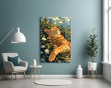 Ginger Cat Lounging in Wildflowers Glass Wall Art