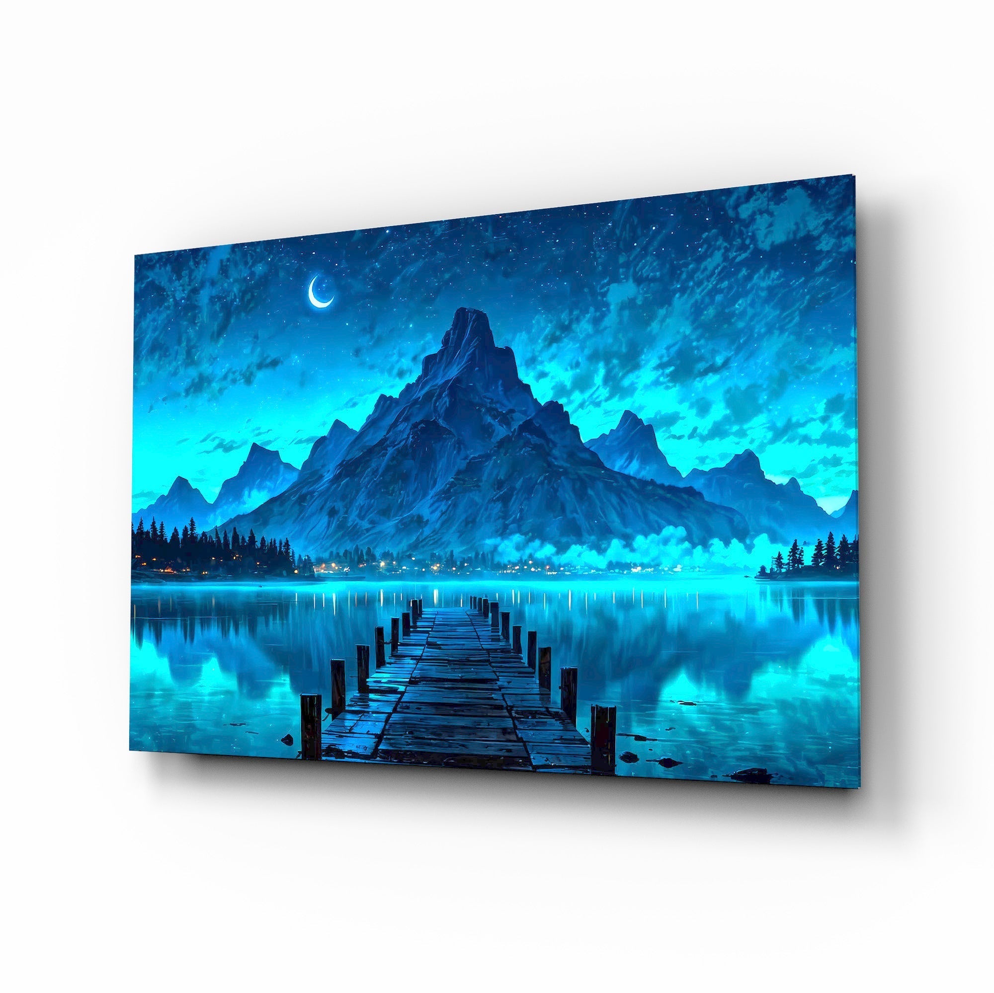 Moonlit Mountain Lake Dock Glass Wall Art