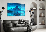 Moonlit Mountain Lake Dock Glass Wall Art