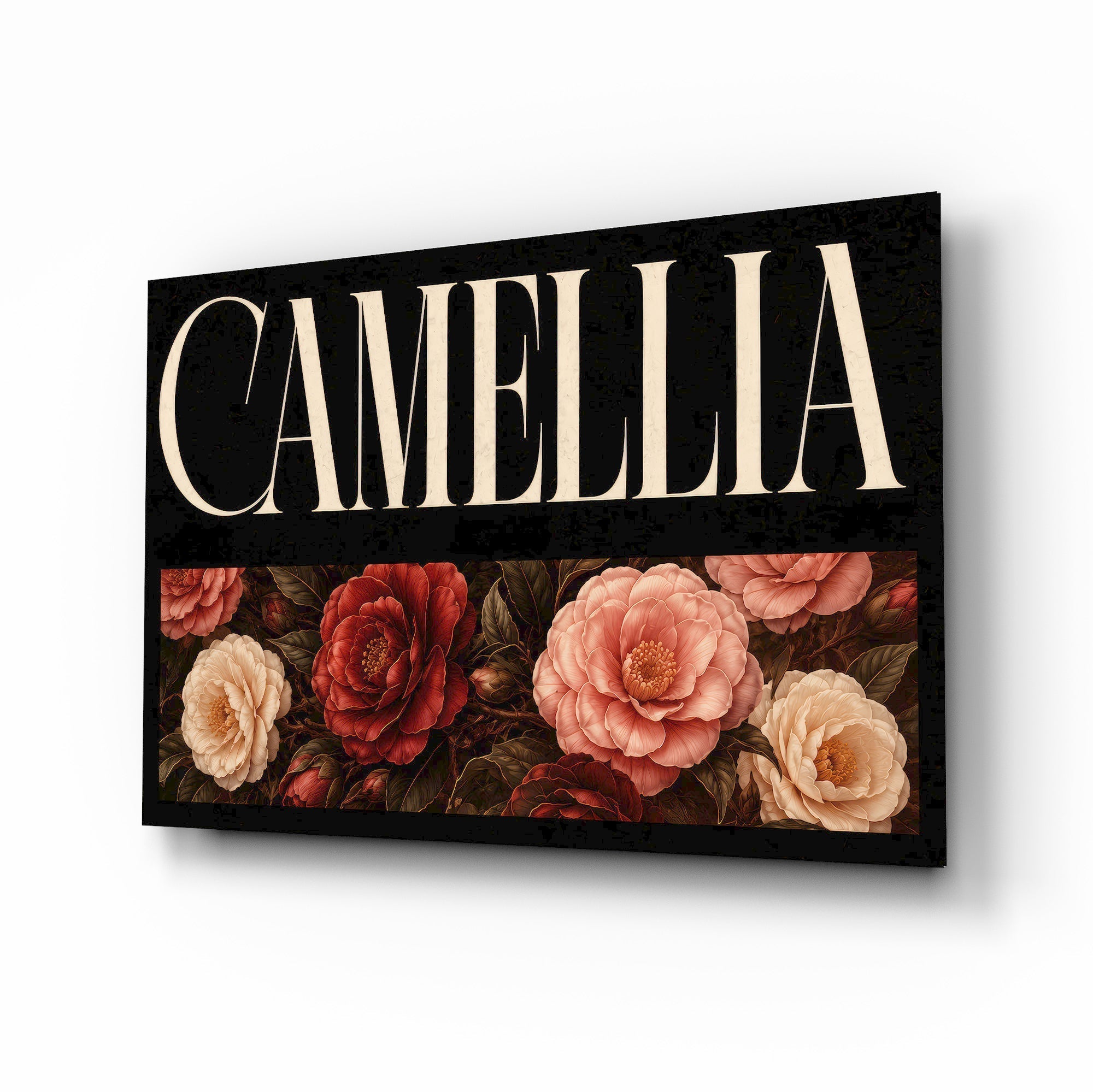Camellia Blush and Crimson Floral Glass Wall Art