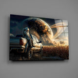 Astronaut and Ringed Planet Cornfield Glass Wall Art