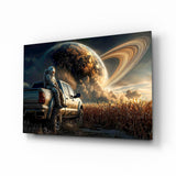 Astronaut and Ringed Planet Cornfield Glass Wall Art