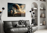Astronaut and Ringed Planet Cornfield Glass Wall Art