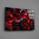 Black Sports Sedan and Red Demon Dragon Glass Wall Art
