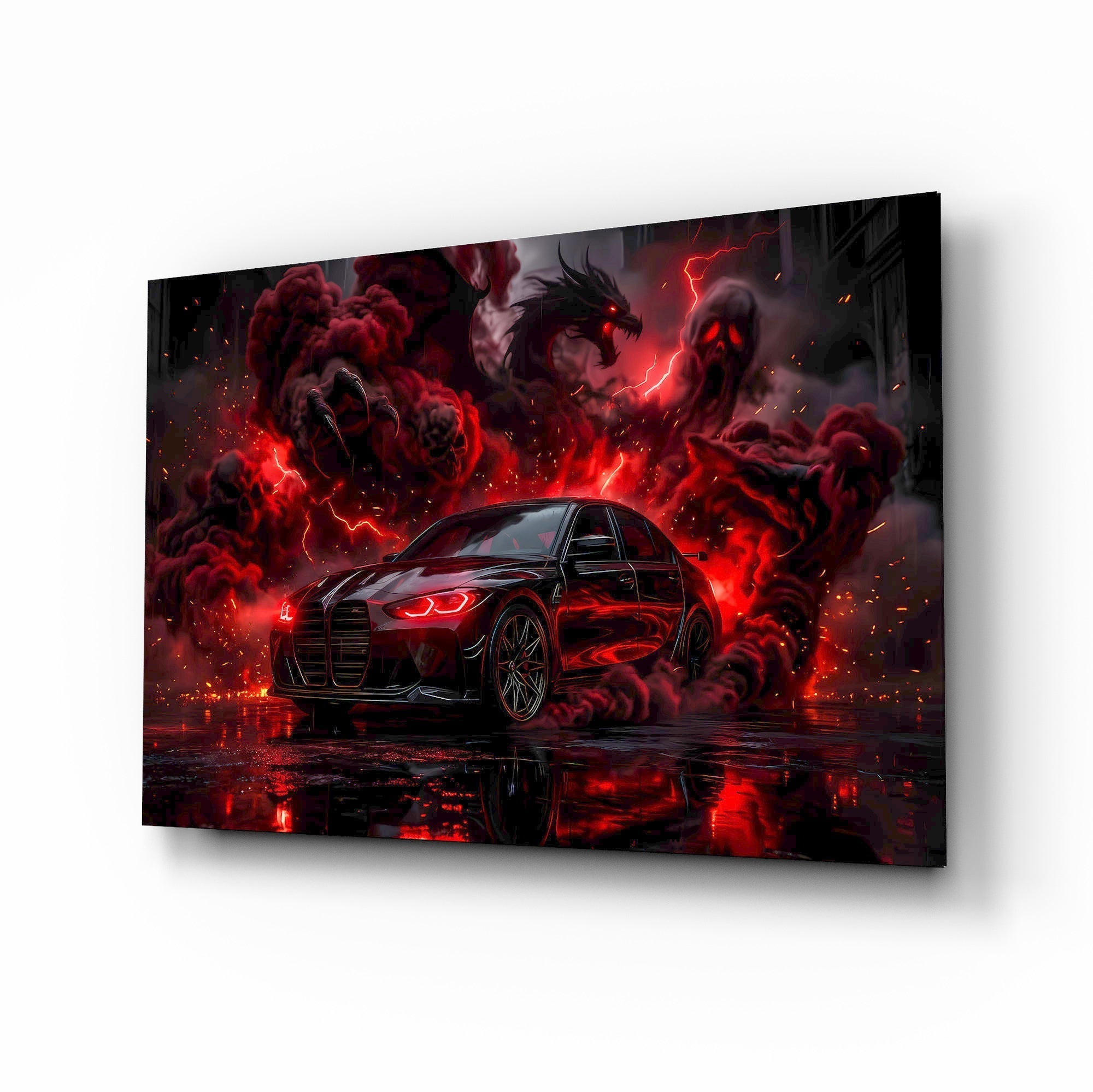 Black Sports Sedan and Red Demon Dragon Glass Wall Art