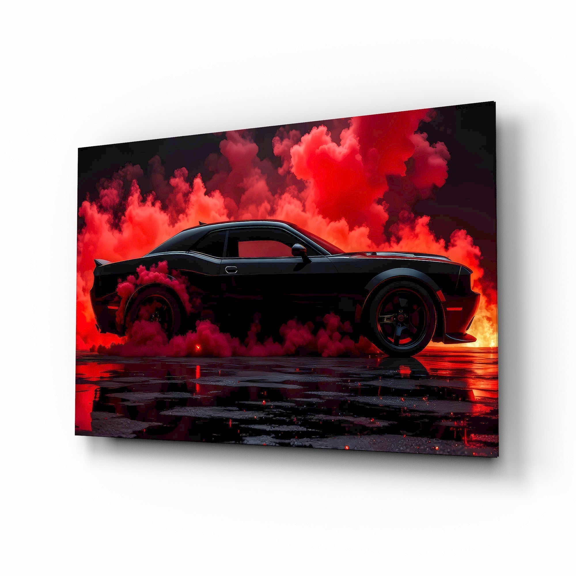 Crimson Smoke Black Muscle Car Glass Wall Art