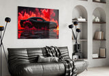 Crimson Smoke Black Muscle Car Glass Wall Art