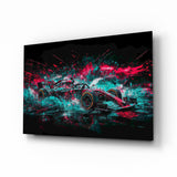 Teal Pink Splash Open-Wheel Race Car Glass Wall Art
