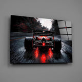 Rainy Track Red Glow Race Car Glass Wall Art