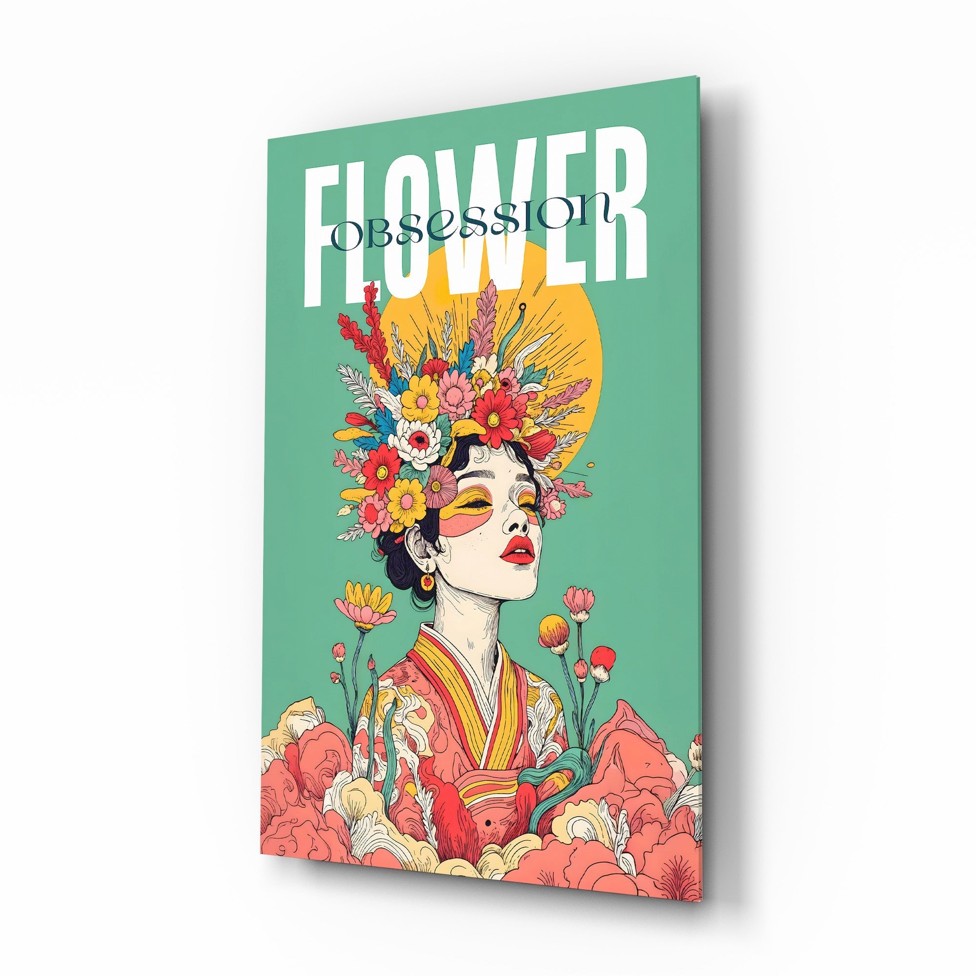 Floral Crown Woman Teal Portrait Glass Wall Art