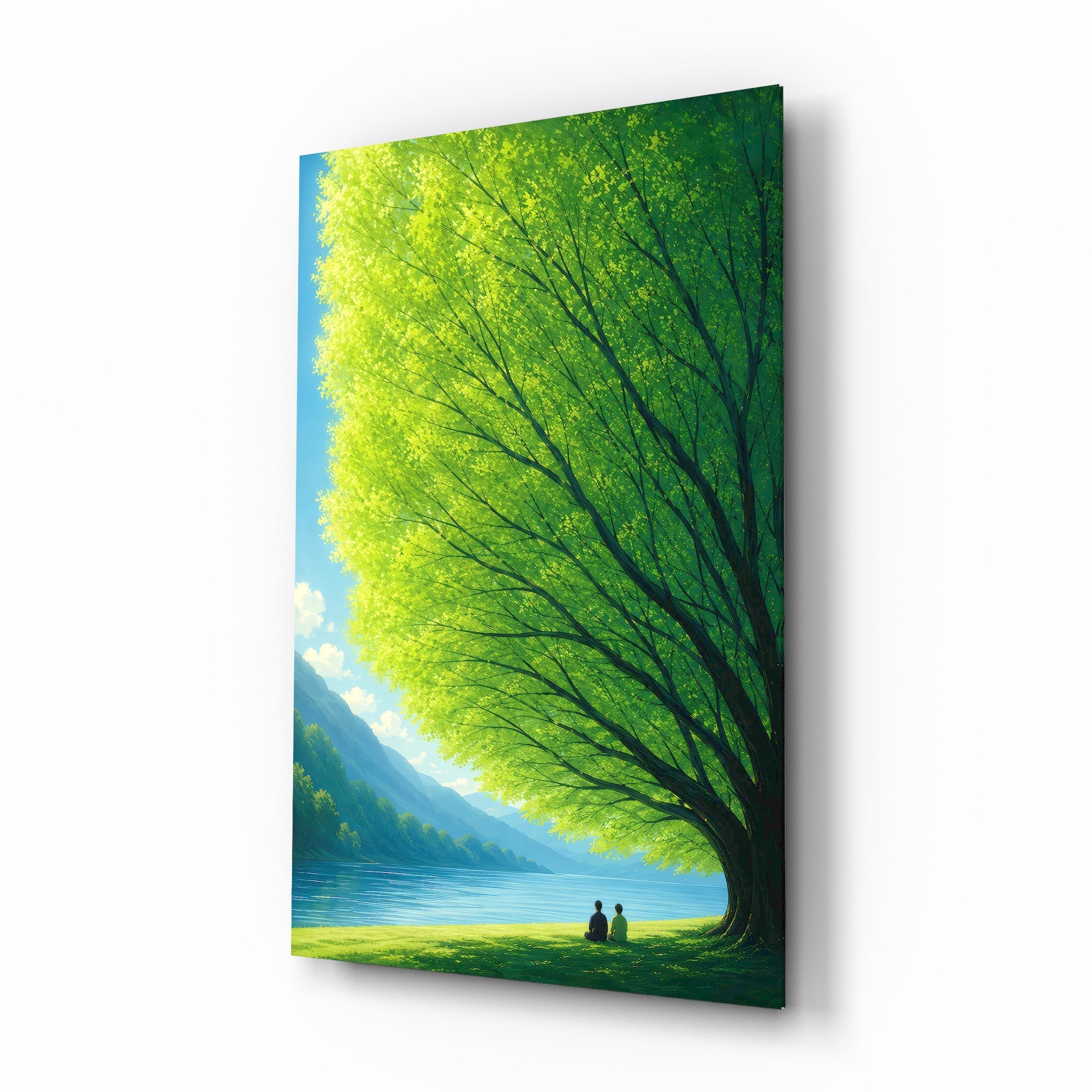 Giant Green Tree Lakeside Calm Glass Wall Art