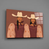 Two Cowgirls in Maroon Western Glass Wall Art
