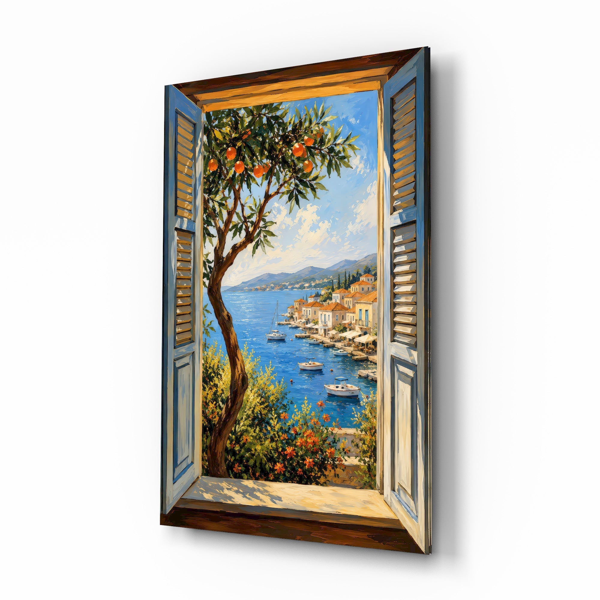 Coastal Village Window View Glass Wall Art