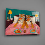 Two Tigers Eating Pizza in Bed Glass Wall Art