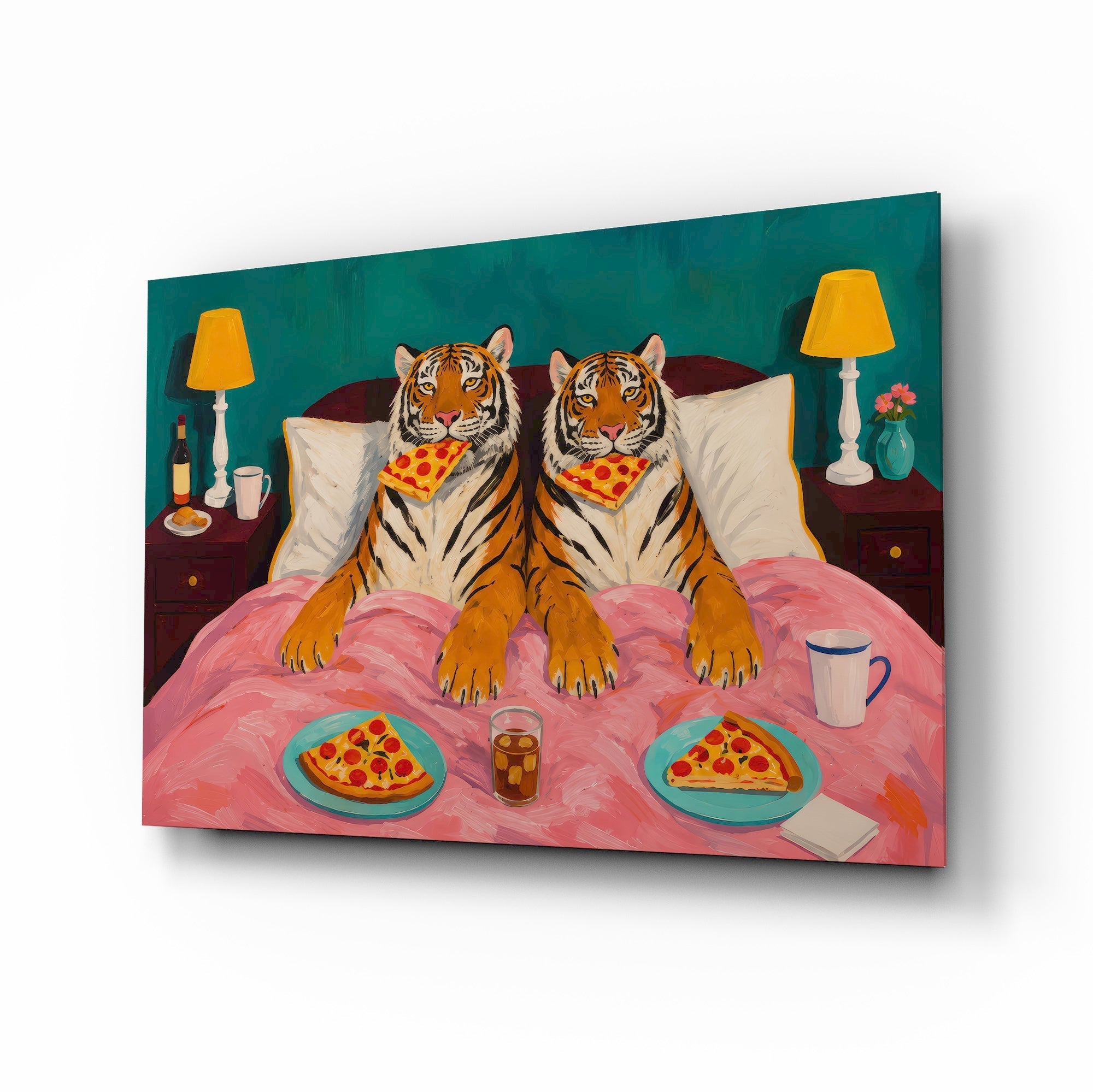Two Tigers Eating Pizza in Bed Glass Wall Art
