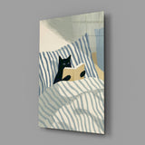 Reading Black Cat Blue Striped Bed Glass Wall Art