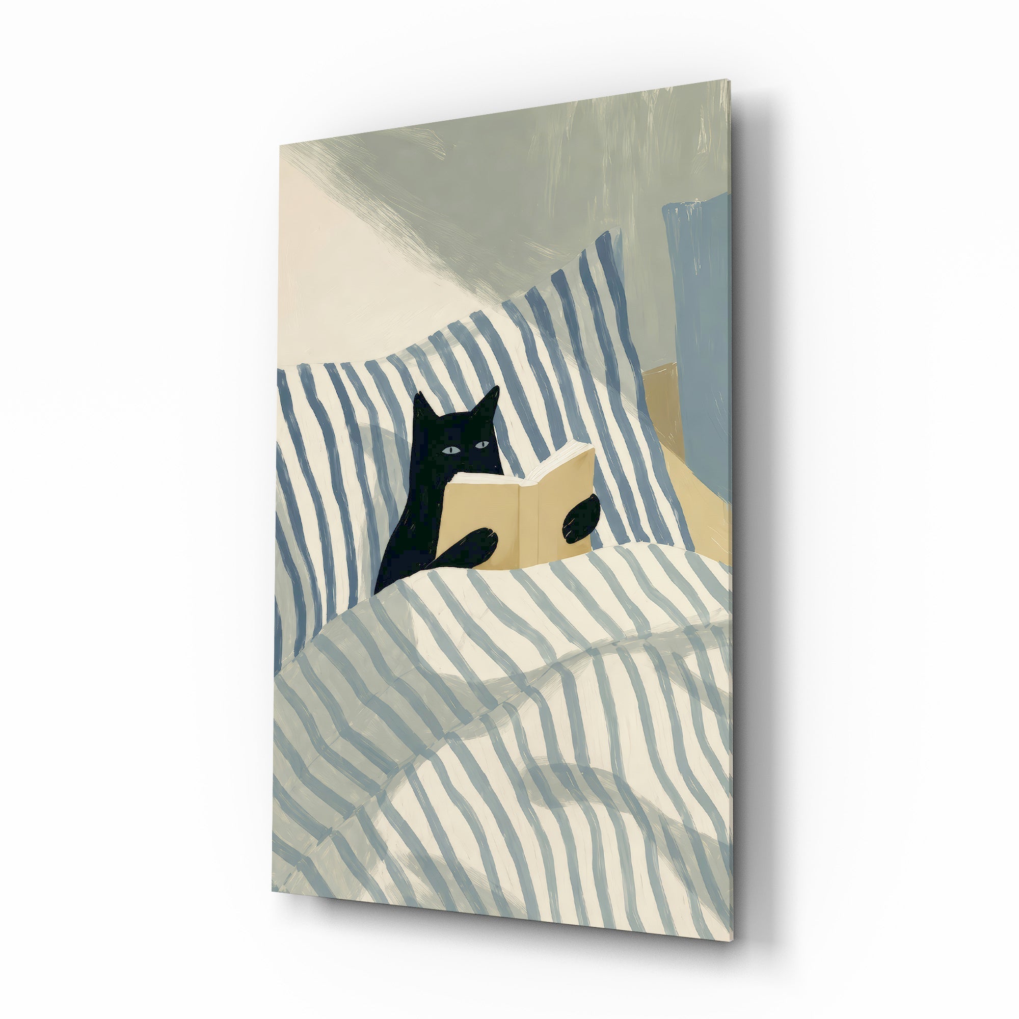 Reading Black Cat Blue Striped Bed Glass Wall Art