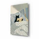 Reading Black Cat Blue Striped Bed Glass Wall Art