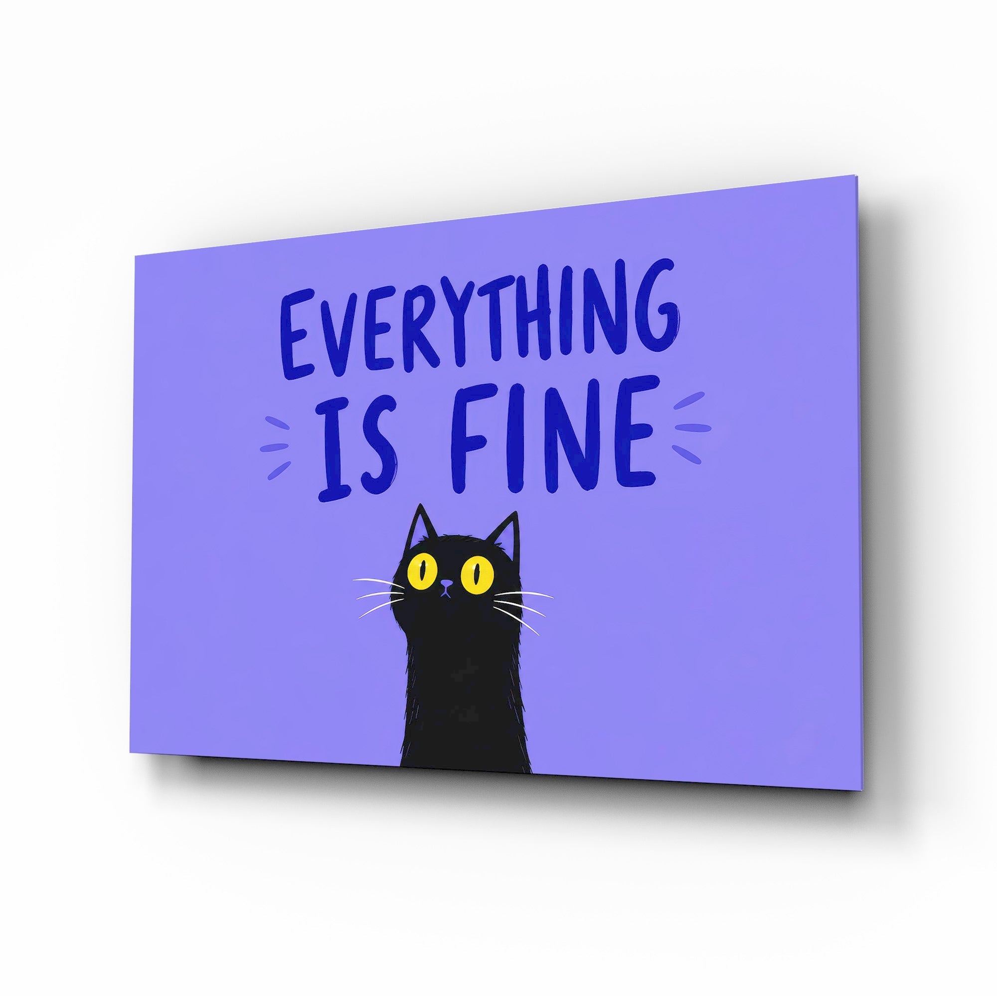 Wide-Eyed Black Cat Purple Humor Glass Wall Art