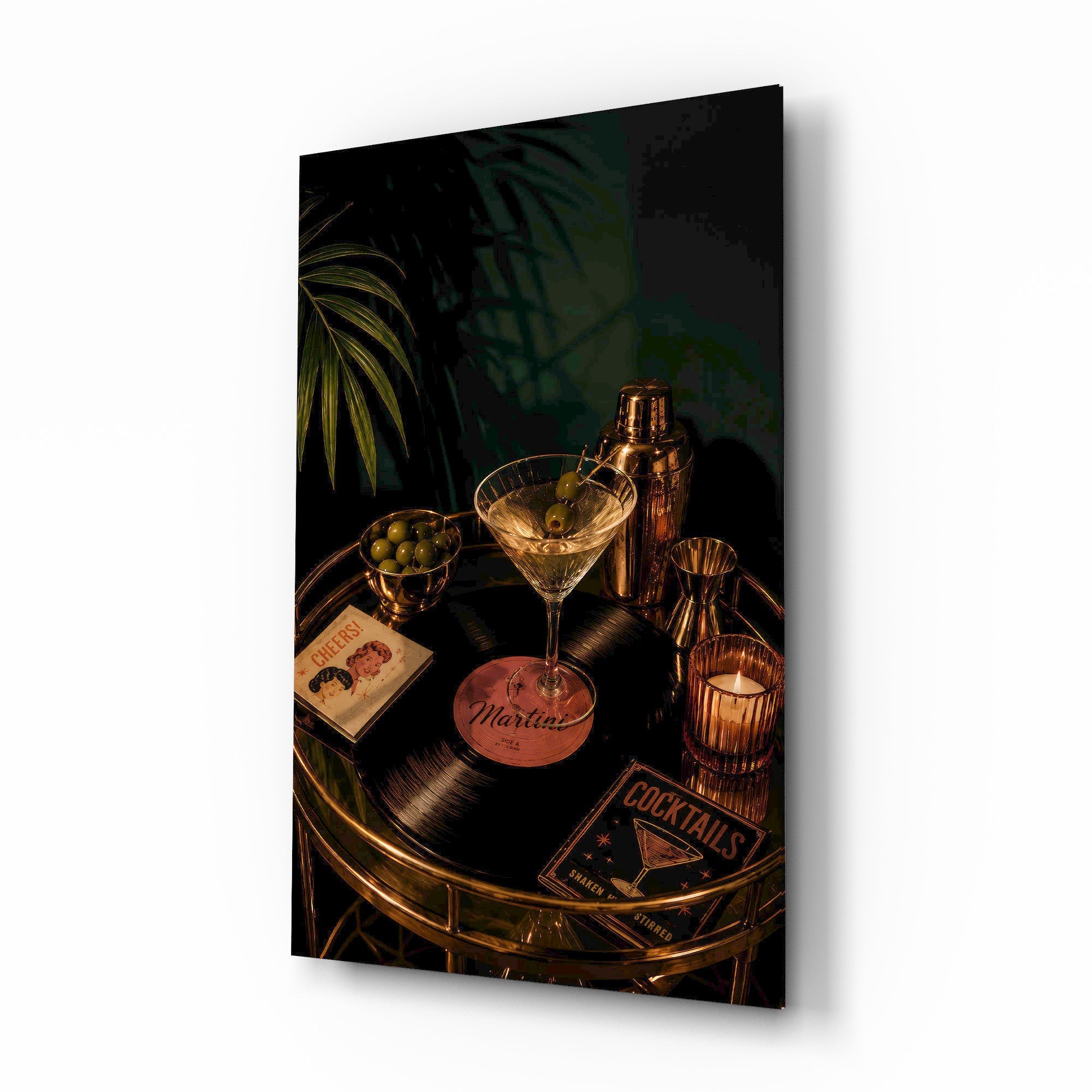 Martini Cocktail Golden Bar Cart Glass Wall Art