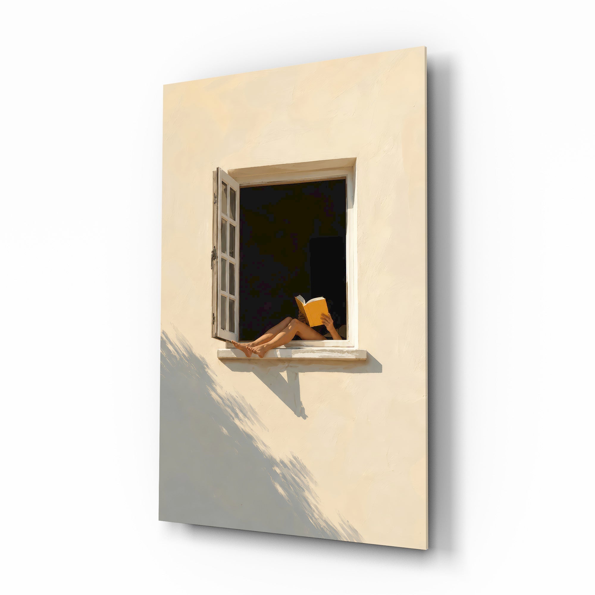 Open Window Reader Sunlit Facade Glass Wall Art