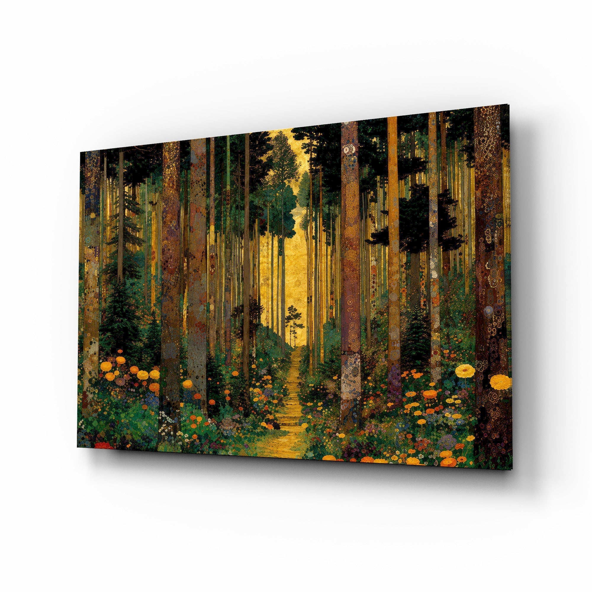 Golden Forest Path Ornamented Tree Trunks Glass Wall Art