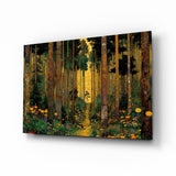Golden Forest Path Ornamented Tree Trunks Glass Wall Art