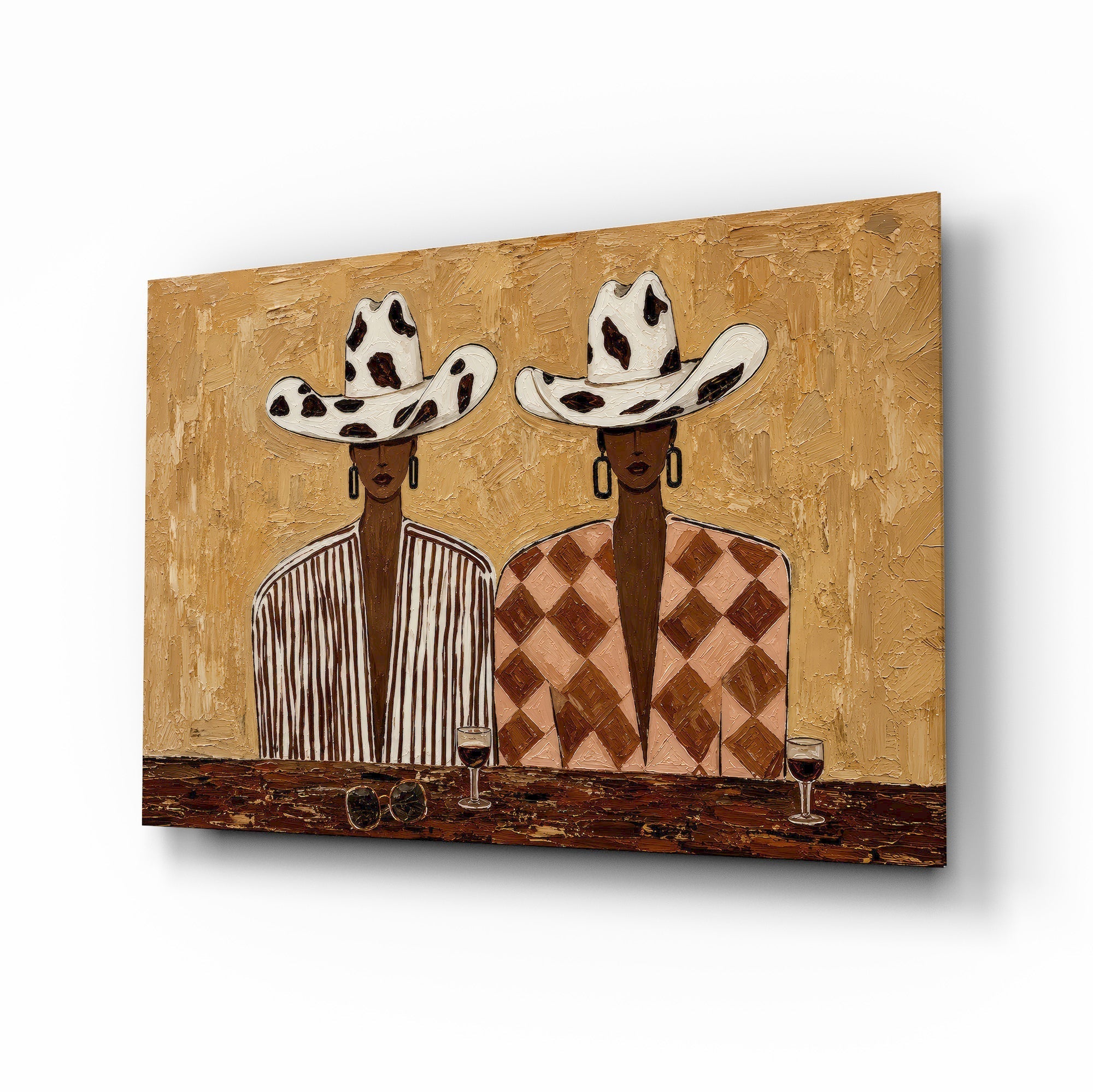 Cowgirl Duo Cow-Print Hats Warm Tones Glass Wall Art