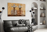 Cowgirl Duo Cow-Print Hats Warm Tones Glass Wall Art