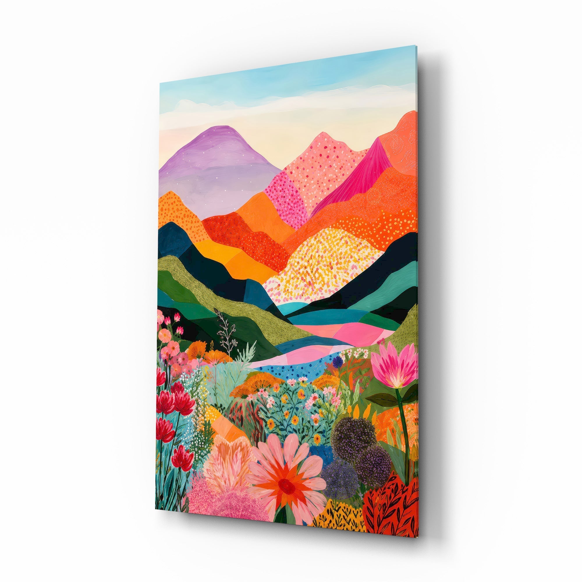 Vibrant Layered Mountains Wildflower Valley Glass Wall Art