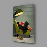 Woman Reading Red Book Green Armchair Glass Wall Art