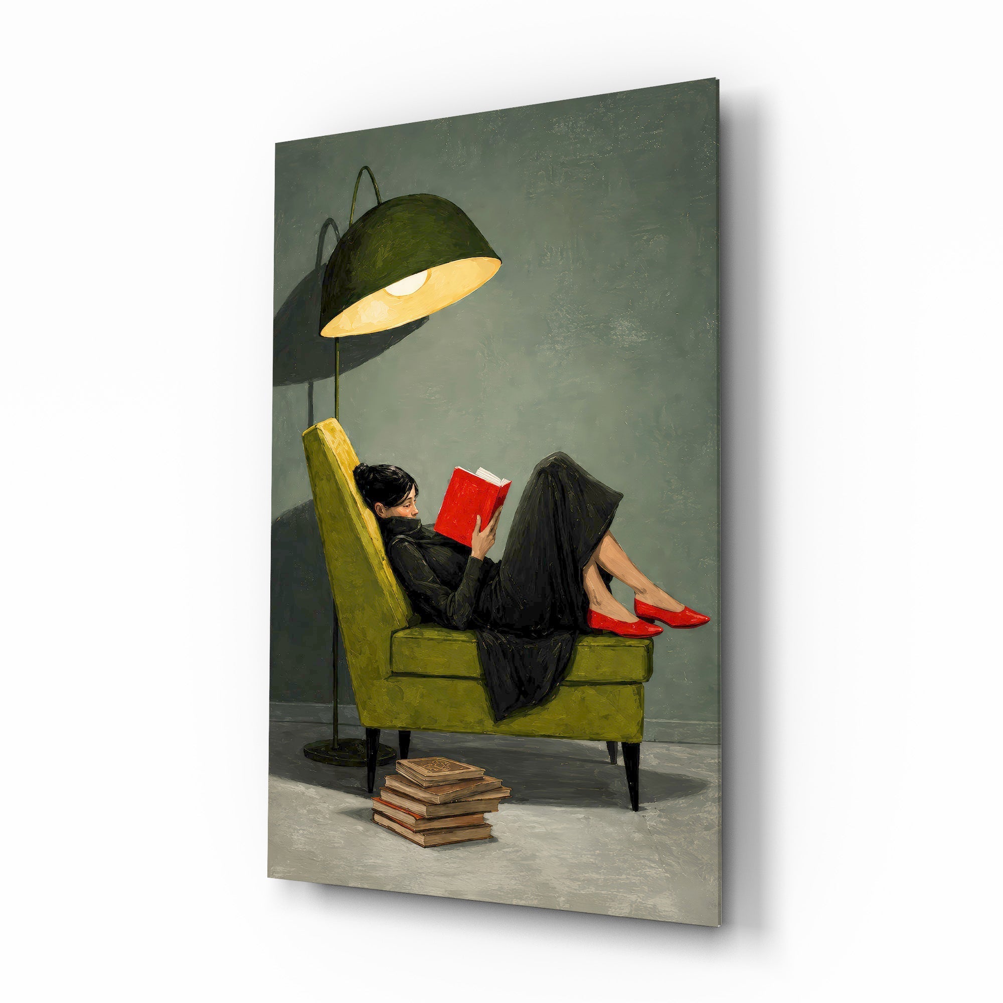 Woman Reading Red Book Green Armchair Glass Wall Art