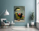 Woman Reading Red Book Green Armchair Glass Wall Art